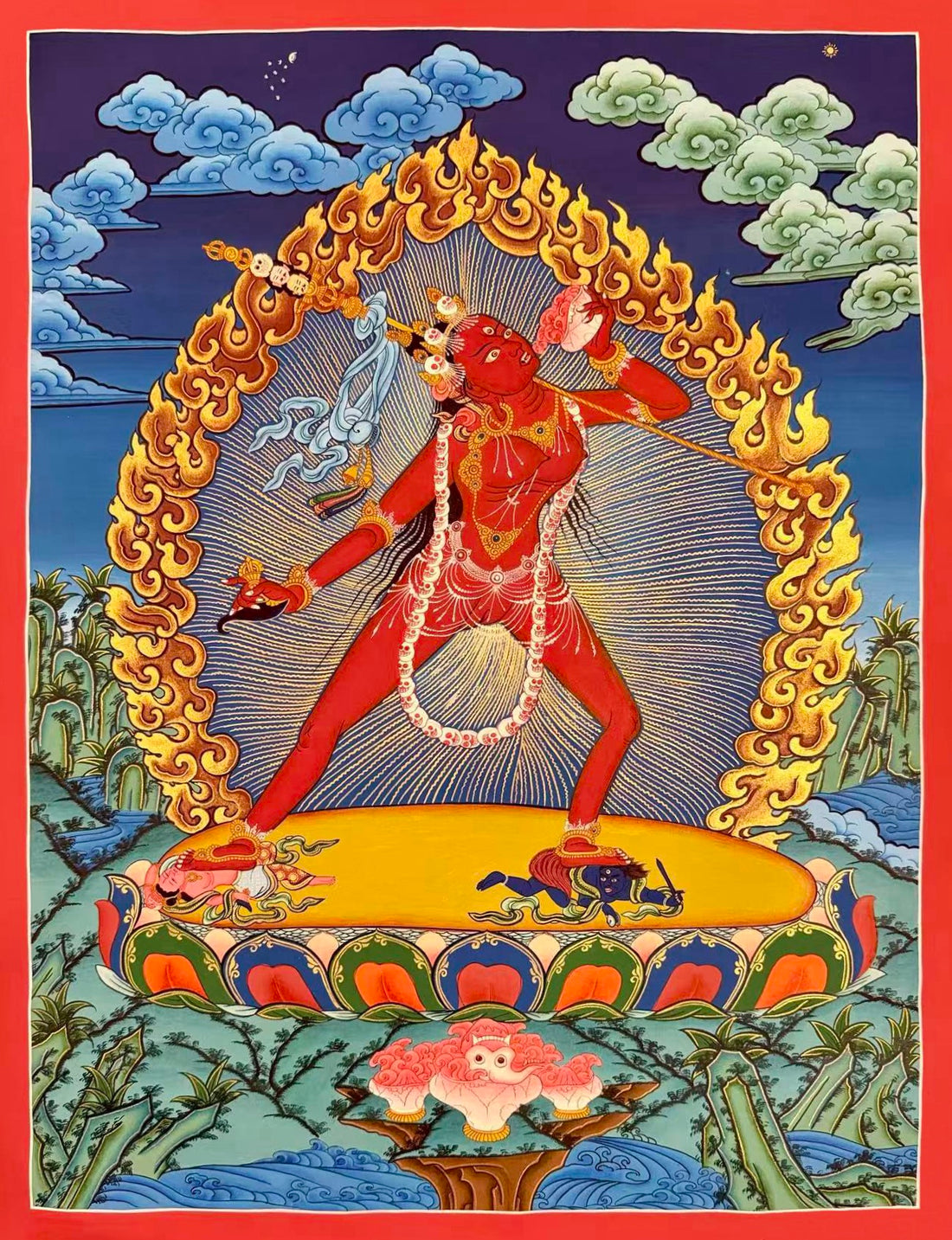 Vajrayogini thangka, 52×66 cm: red Vajrayogini striding before a ring of golden flames