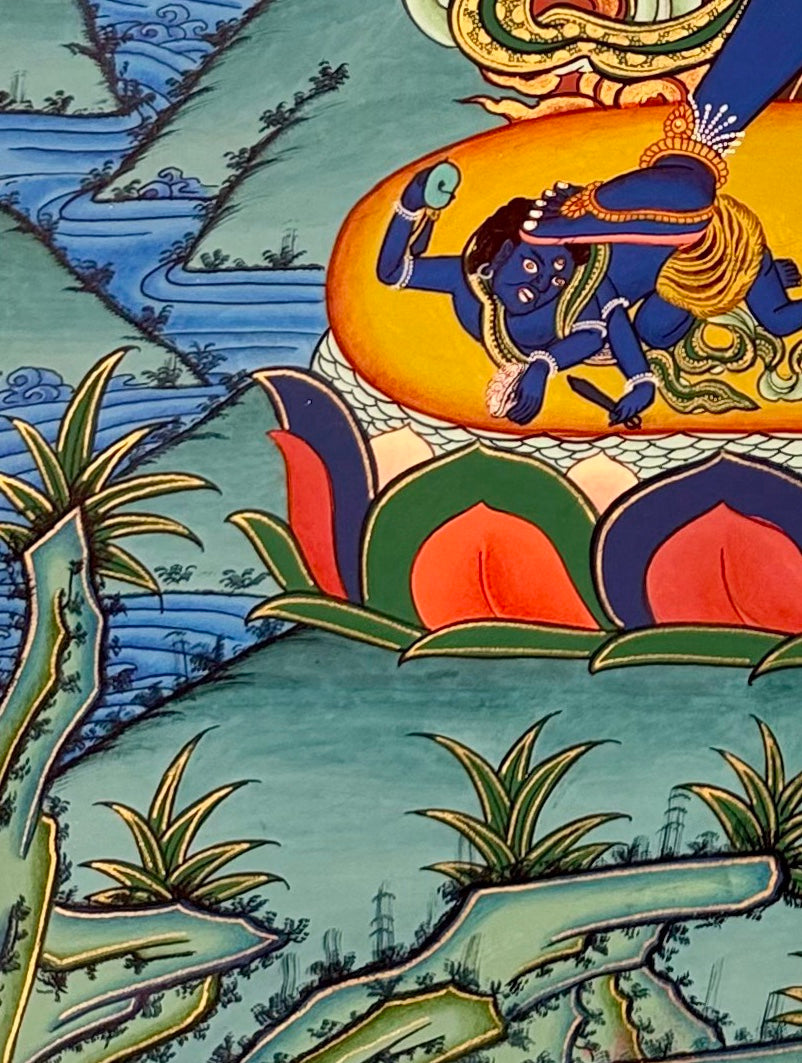 Chakrasamvara thangka, detail: bottom-left corner