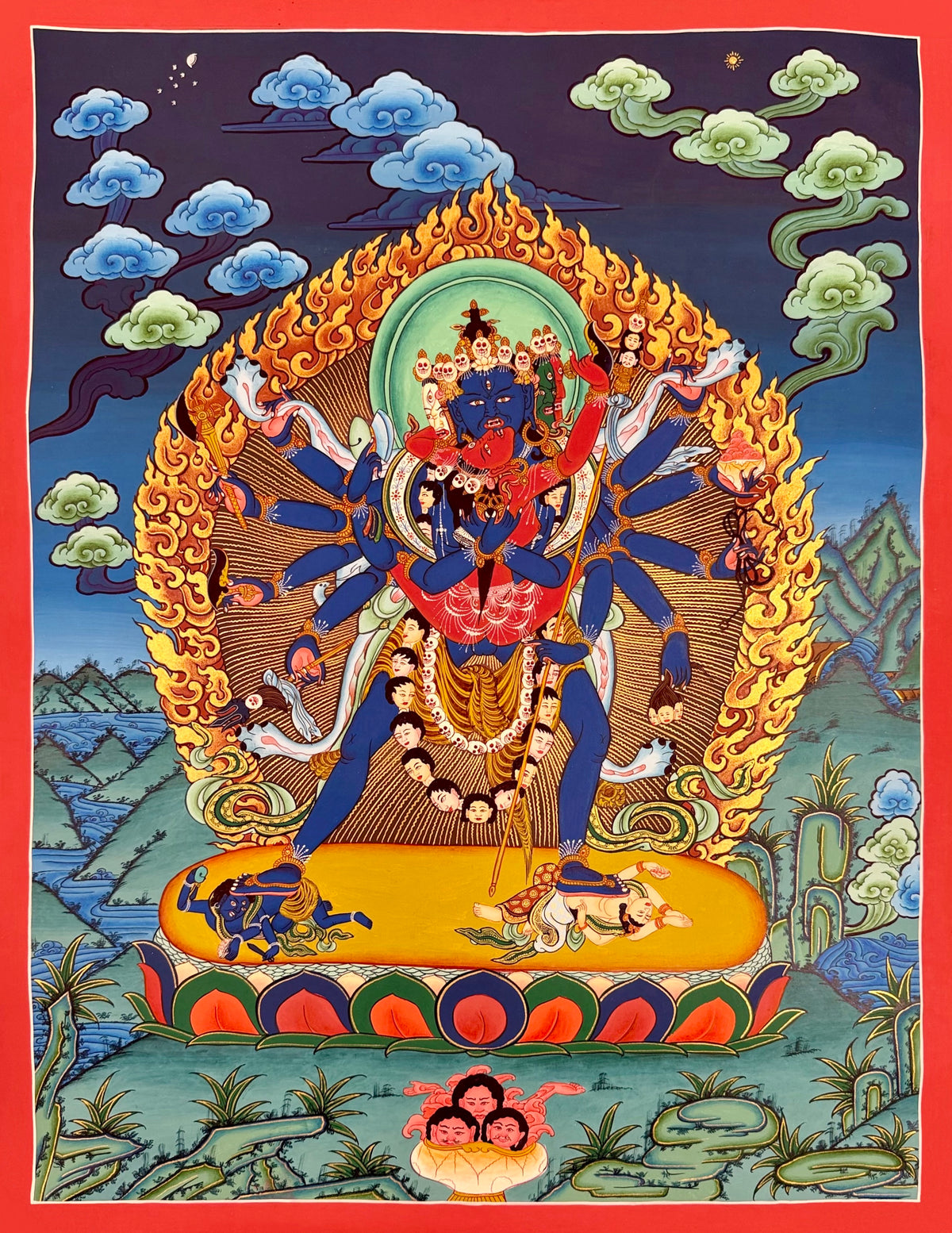 Chakrasamvara thangka, 52×66 cm: blue many-armed Chakrasamvara in union with red Vajravarahi before golden flames