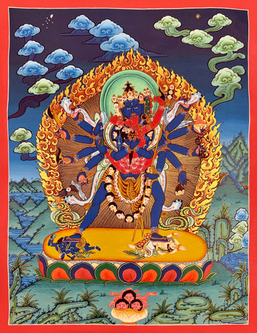 Chakrasamvara thangka, 52×66 cm: blue many-armed Chakrasamvara in union with red Vajravarahi before golden flames