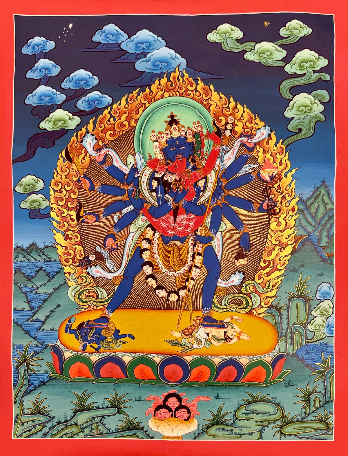 Chakrasamvara thangka, 52×66 cm: blue many-armed Chakrasamvara in union with red Vajravarahi before golden flames