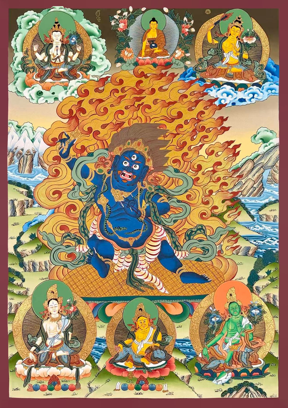Vajrapani thangka, 56×82 cm: wrathful blue Vajrapani raising a vajra amid flames, with Chenrezig, Shakyamuni and Manjushri above