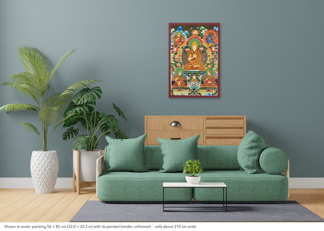 Tsongkhapa thangka, 56×82 cm: Tsongkhapa with his two main disciples, a teacher and a protector