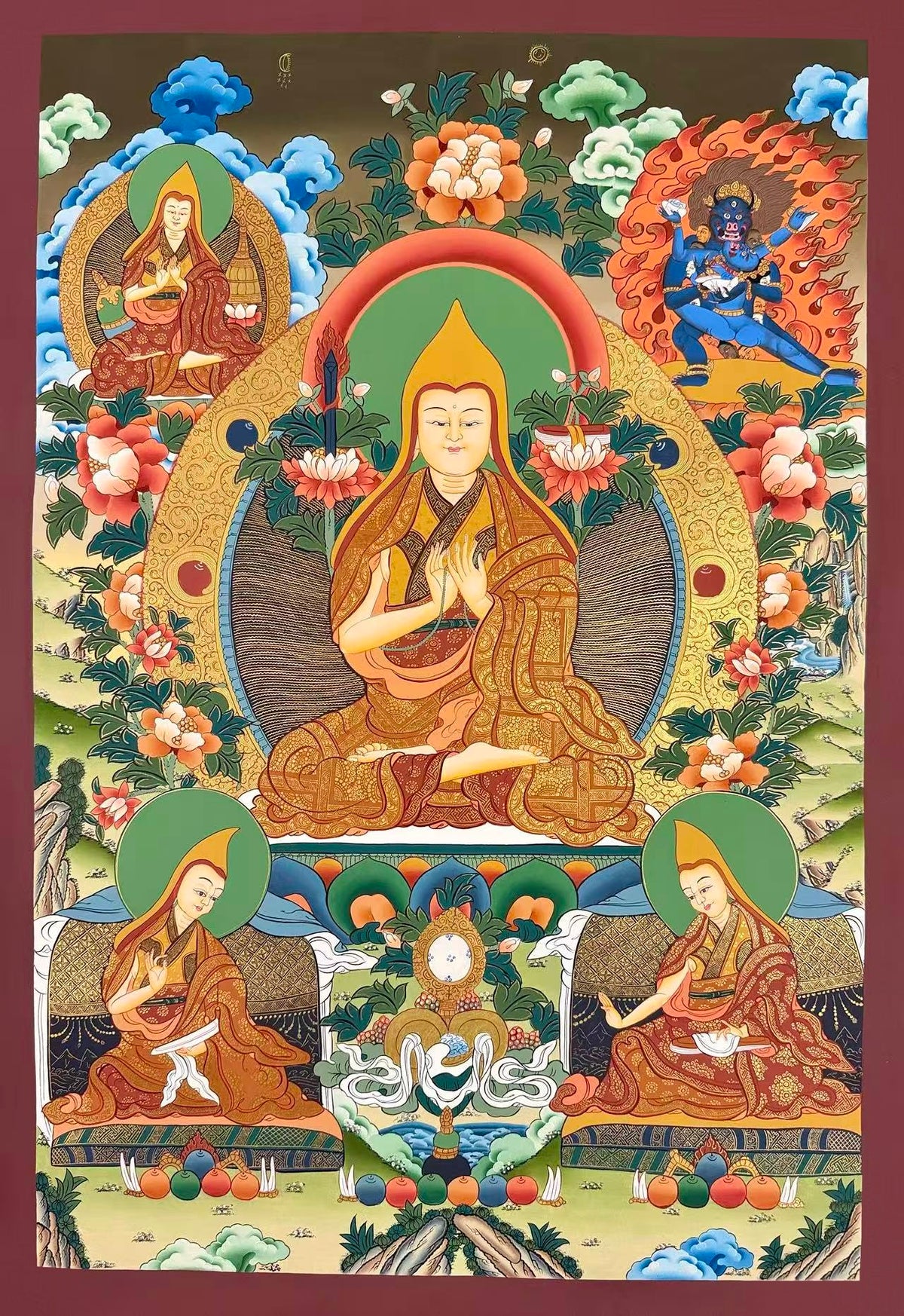 Tsongkhapa thangka, 56×82 cm: Tsongkhapa with his two main disciples, a teacher and a protector