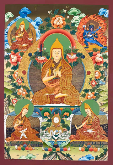 Tsongkhapa thangka, 56×82 cm: Tsongkhapa with his two main disciples, a teacher and a protector