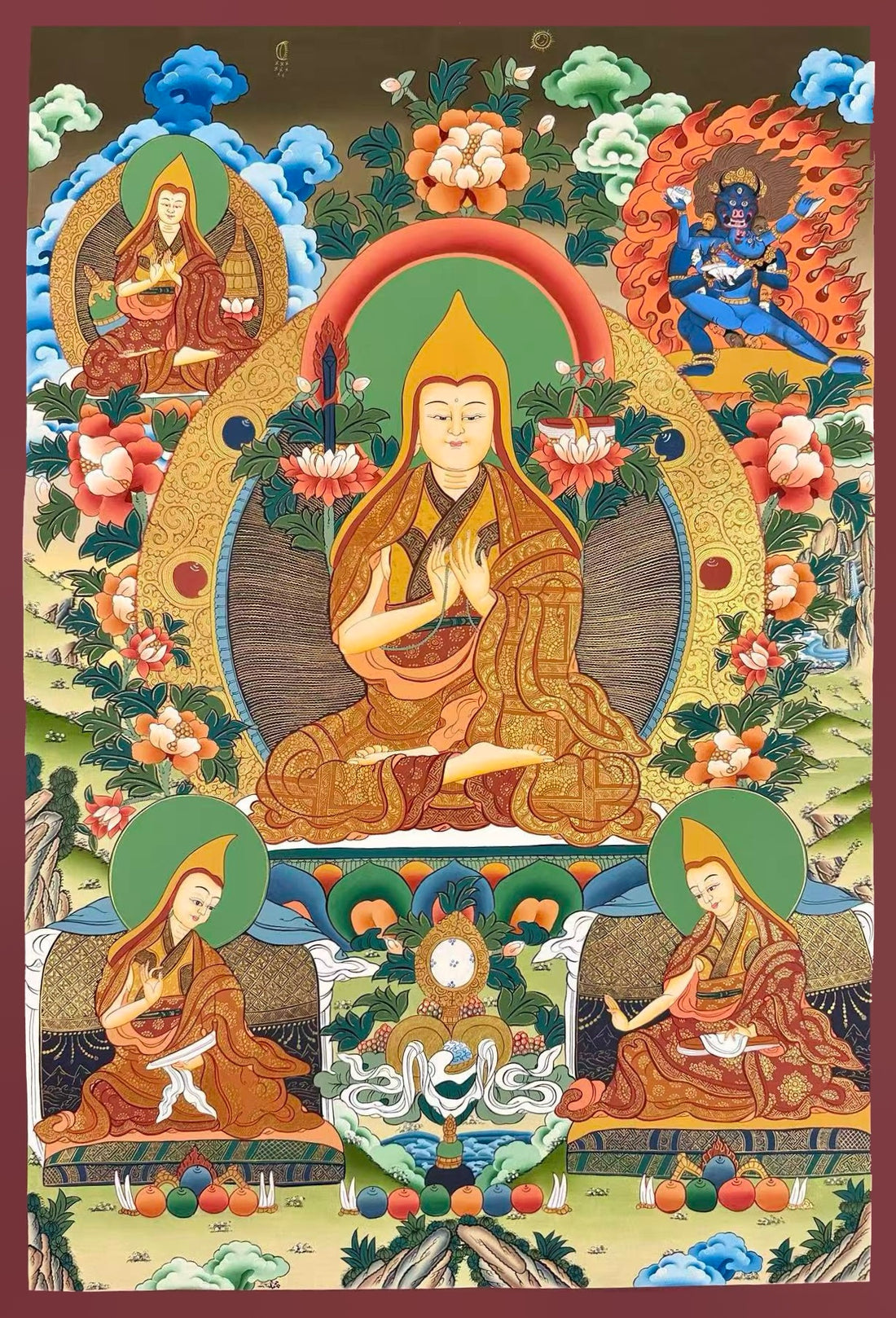 Tsongkhapa thangka, 56×82 cm: Tsongkhapa with his two main disciples, a teacher and a protector