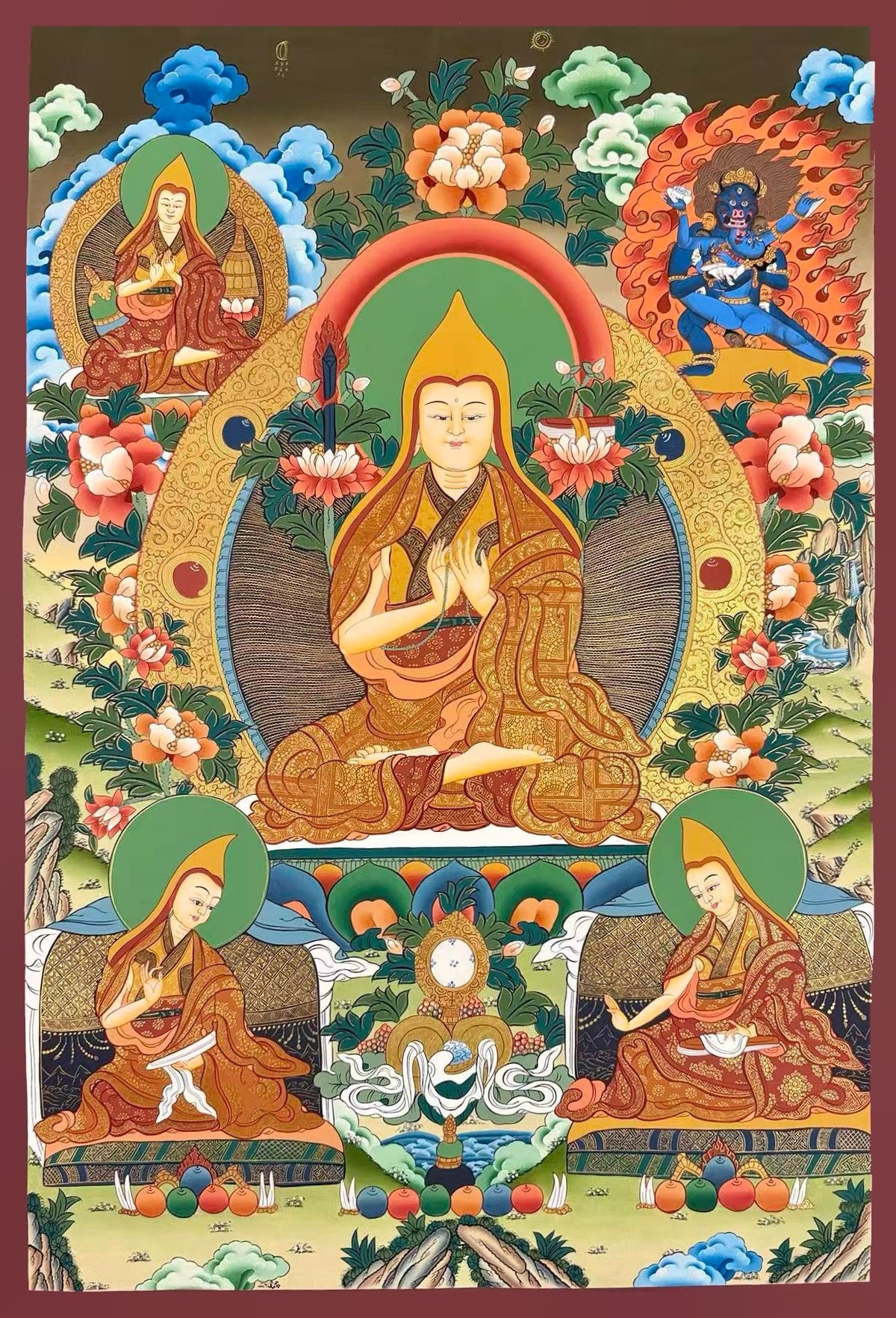 Tsongkhapa thangka, 56×82 cm: Tsongkhapa with his two main disciples, a teacher and a protector