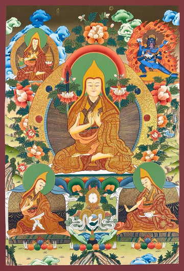 Tsongkhapa thangka, 56×82 cm: Tsongkhapa with his two main disciples, a teacher and a protector
