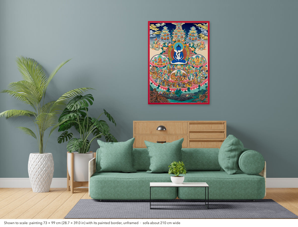 Refuge Tree with Samantabhadra thangka shown to scale in a living room, unframed, above a sofa about 210 cm wide (73×99 cm)