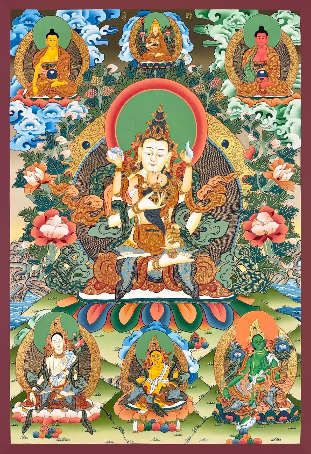 Vajrasattva with Consort thangka, 56×82 cm: white Vajrasattva with his consort, with Buddhas and a teacher above and White Tara