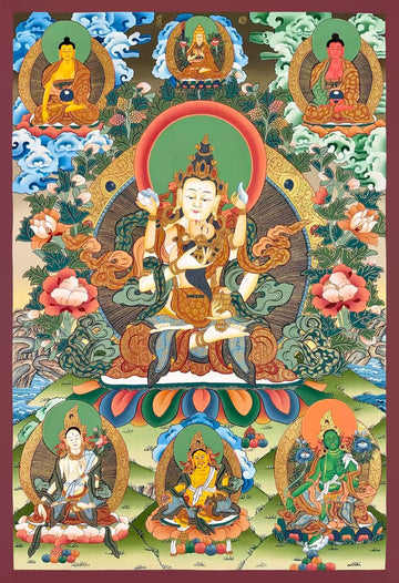 Vajrasattva with Consort thangka, 56×82 cm: white Vajrasattva with his consort, with Buddhas and a teacher above and White Tara