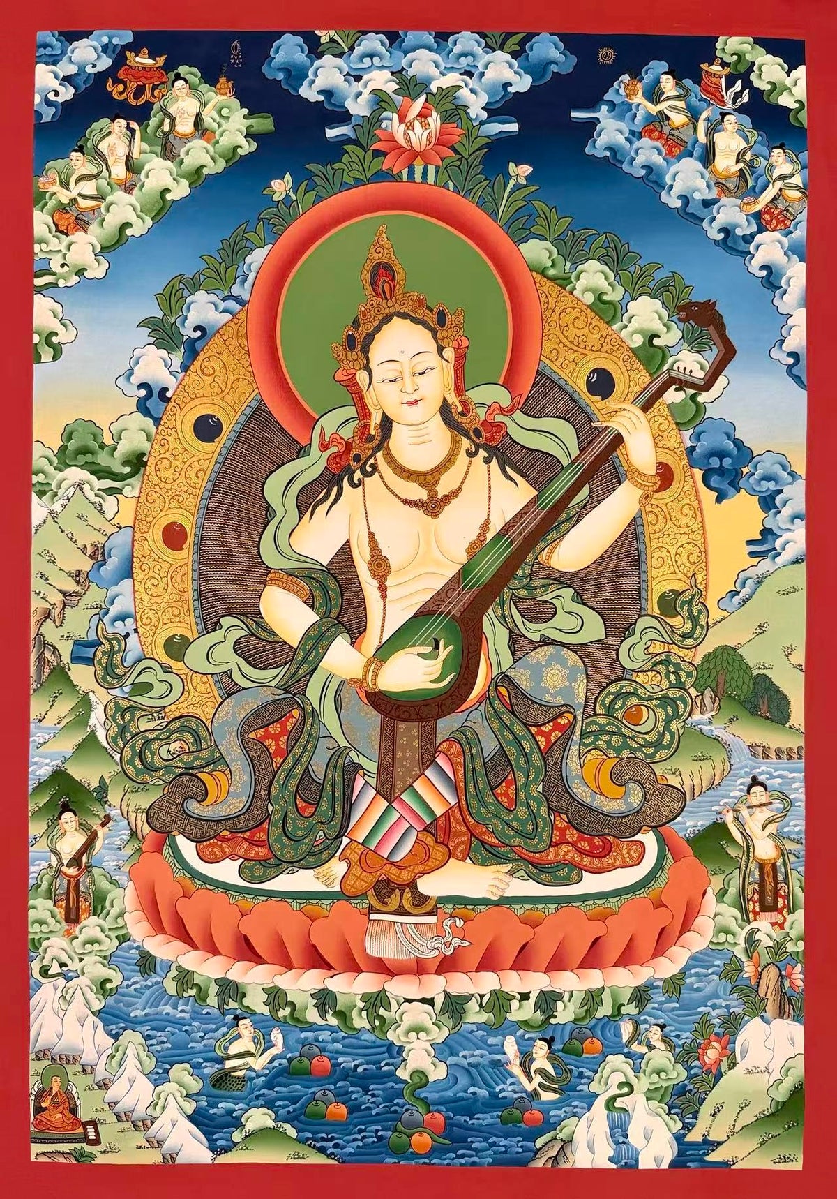 Saraswati thangka, 56×82 cm: Saraswati playing a vina on a red lotus, with offering goddesses, musicians and naga maidens