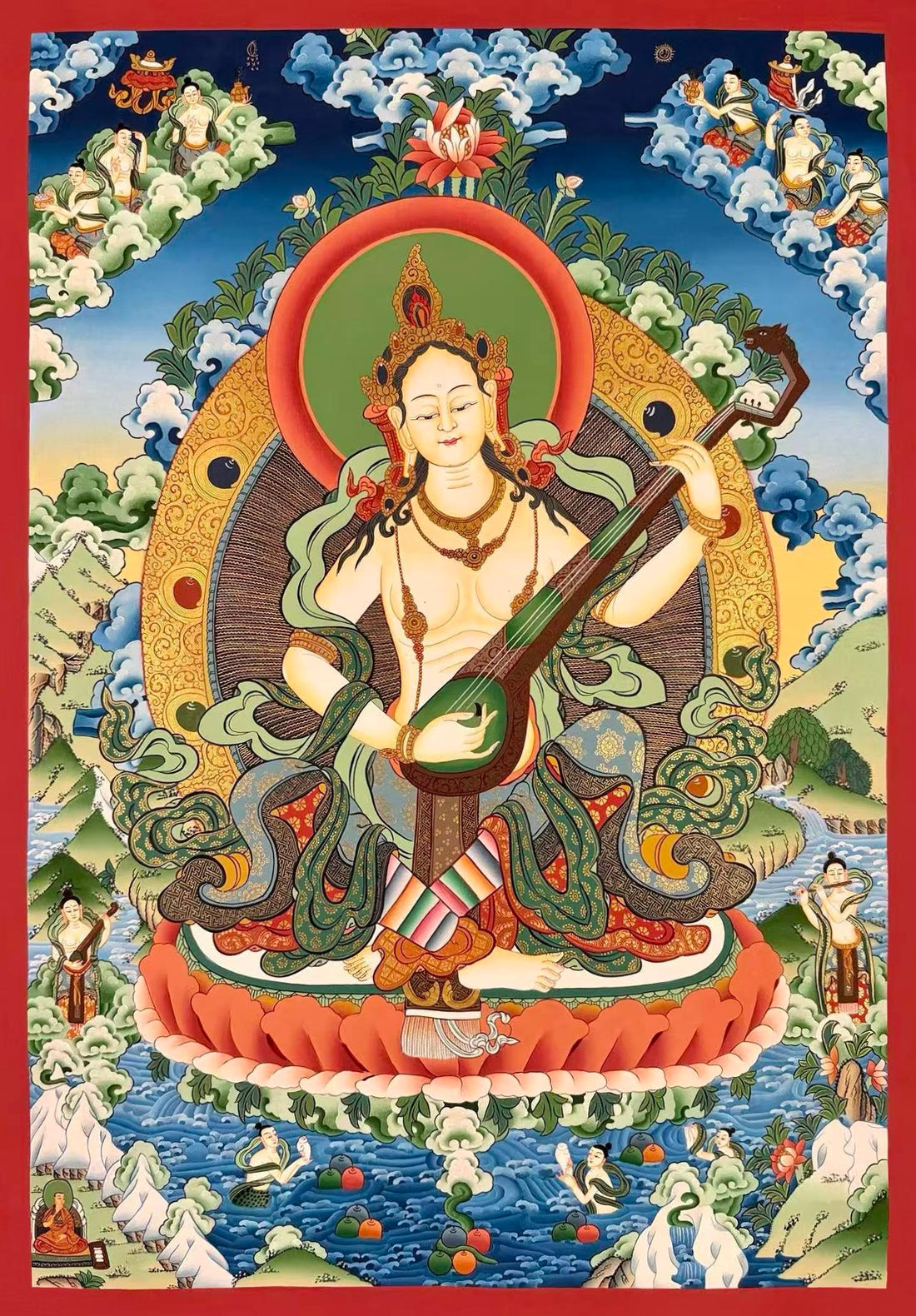 Saraswati thangka, 56×82 cm: Saraswati playing a vina on a red lotus, with offering goddesses, musicians and naga maidens