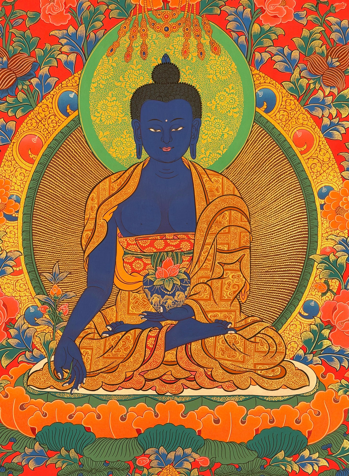 Medicine Buddha thangka, close-up photo 5 of 5