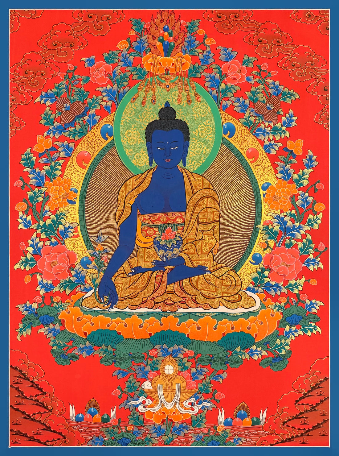 Medicine Buddha thangka, 63×83 cm: the blue Medicine Buddha with a bowl and a sprig of myrobalan among peonies on a red ground