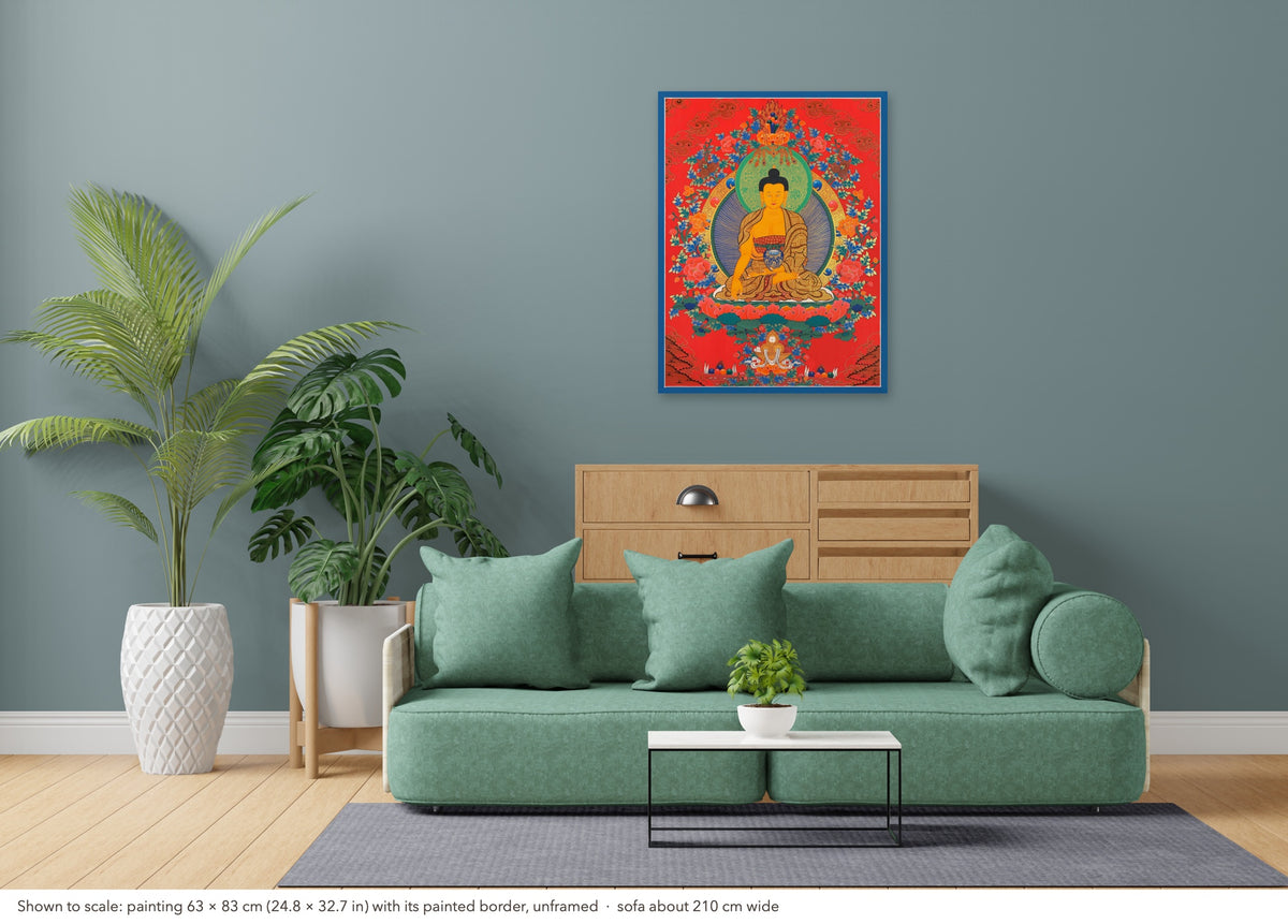 Shakyamuni Buddha thangka shown to scale in a living room, unframed, above a sofa about 210 cm wide (63×83 cm)