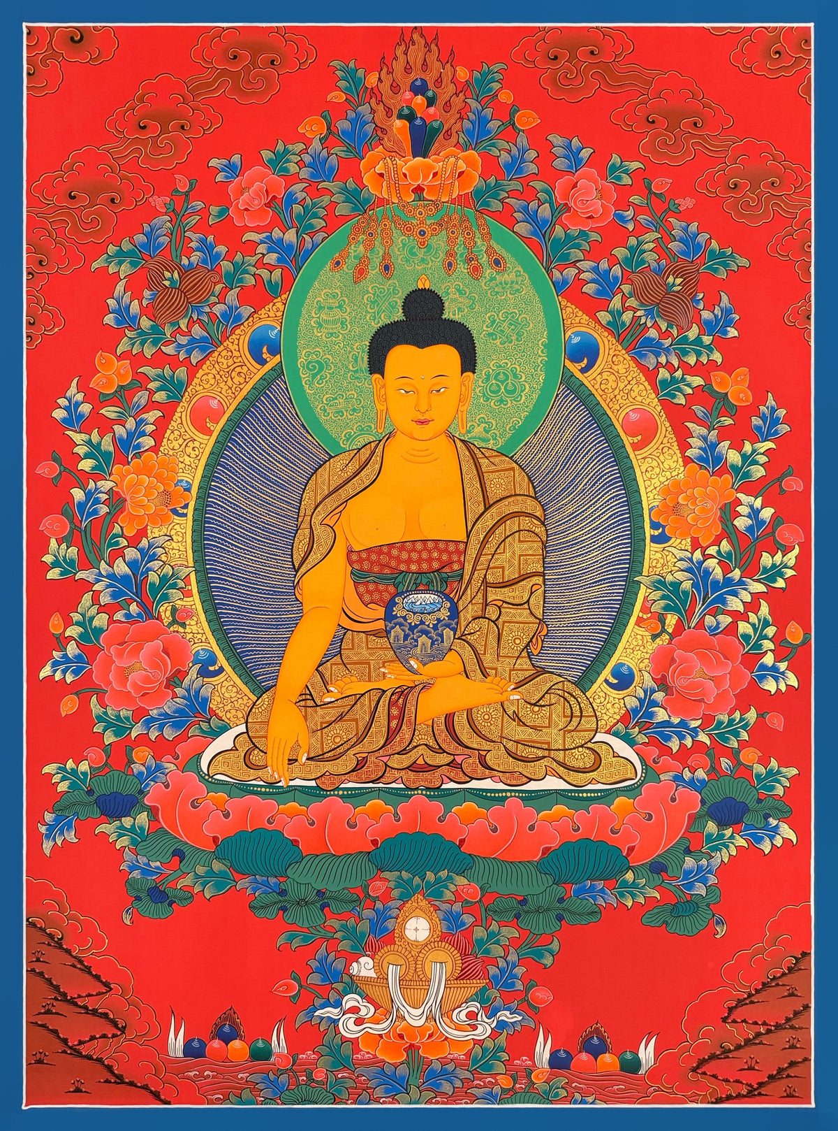 Shakyamuni Buddha thangka, 63×83 cm: Shakyamuni touching the earth among peonies on a red ground