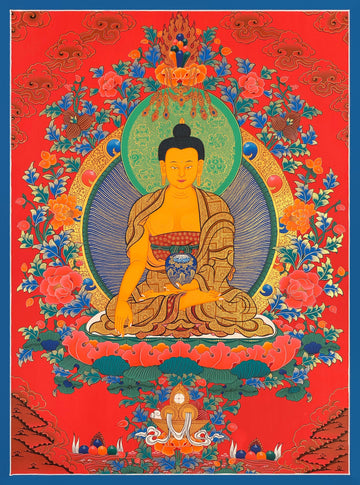 Shakyamuni Buddha thangka, 63×83 cm: Shakyamuni touching the earth among peonies on a red ground
