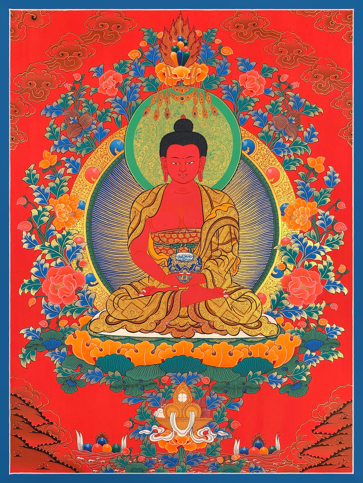 Amitabha Buddha thangka, 61×82 cm: red Amitabha holding a bowl among peonies on a red ground