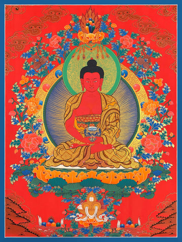 Amitabha Buddha thangka, 61×82 cm: red Amitabha holding a bowl among peonies on a red ground