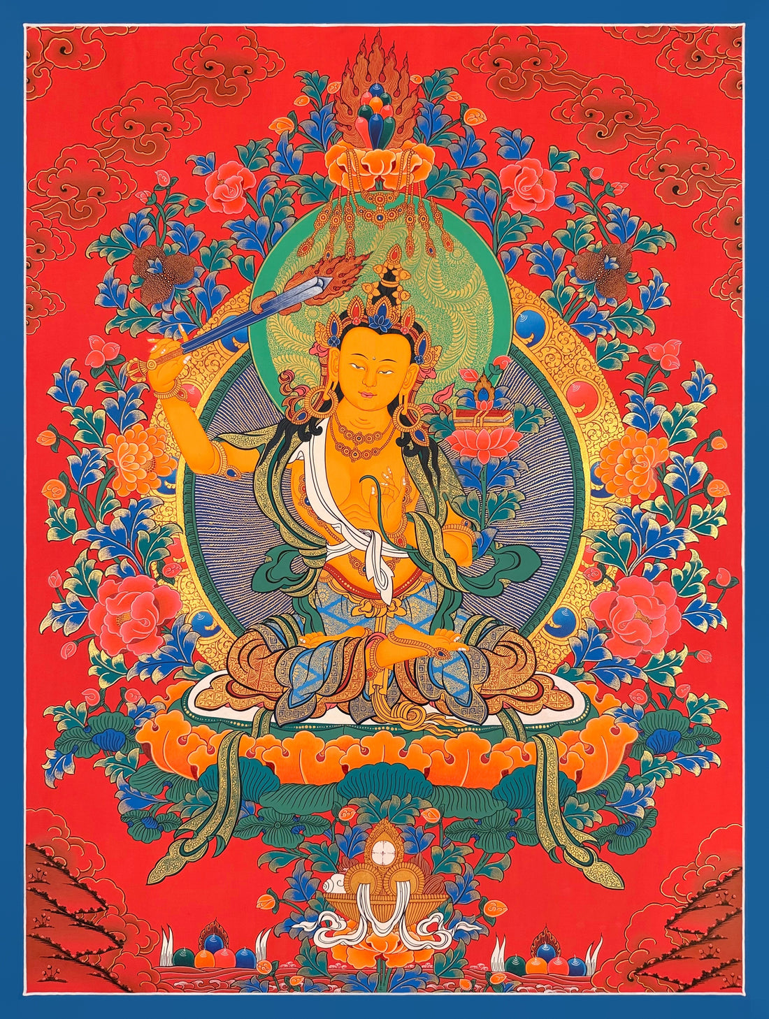 Manjushri thangka, 61×82 cm: Manjushri raising his flaming sword among peonies on a red ground