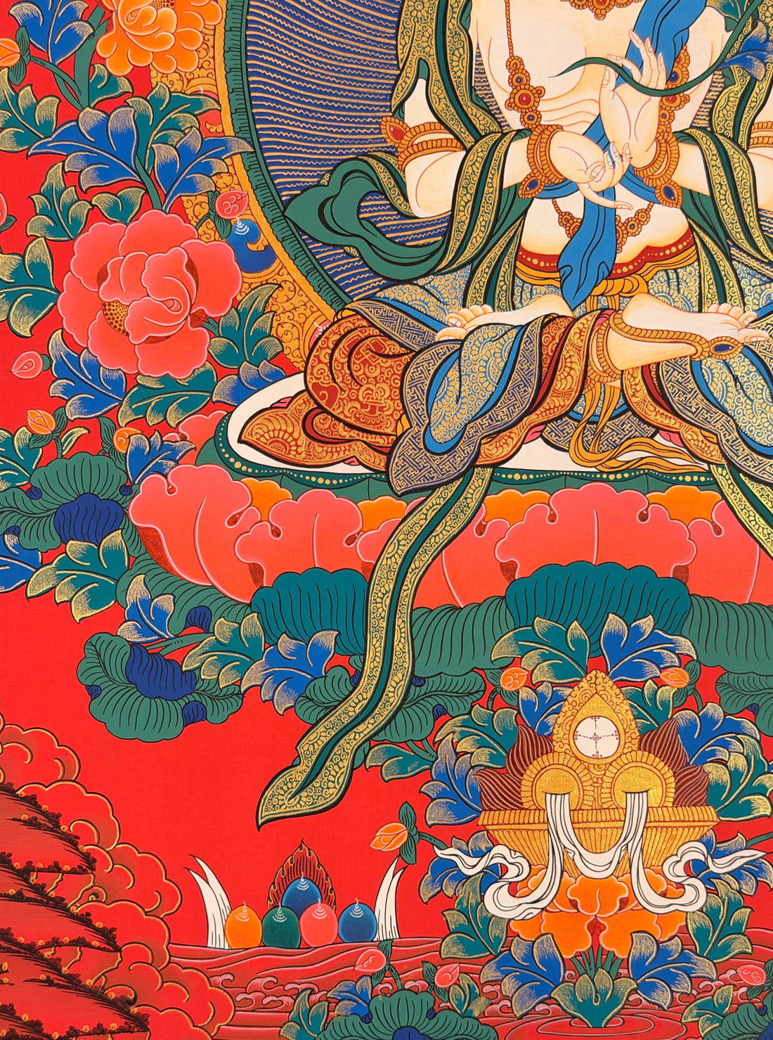 White Manjushri thangka, 59×83 cm: White Manjushri in the teaching gesture with a book on a lotus, among peonies on a red ground