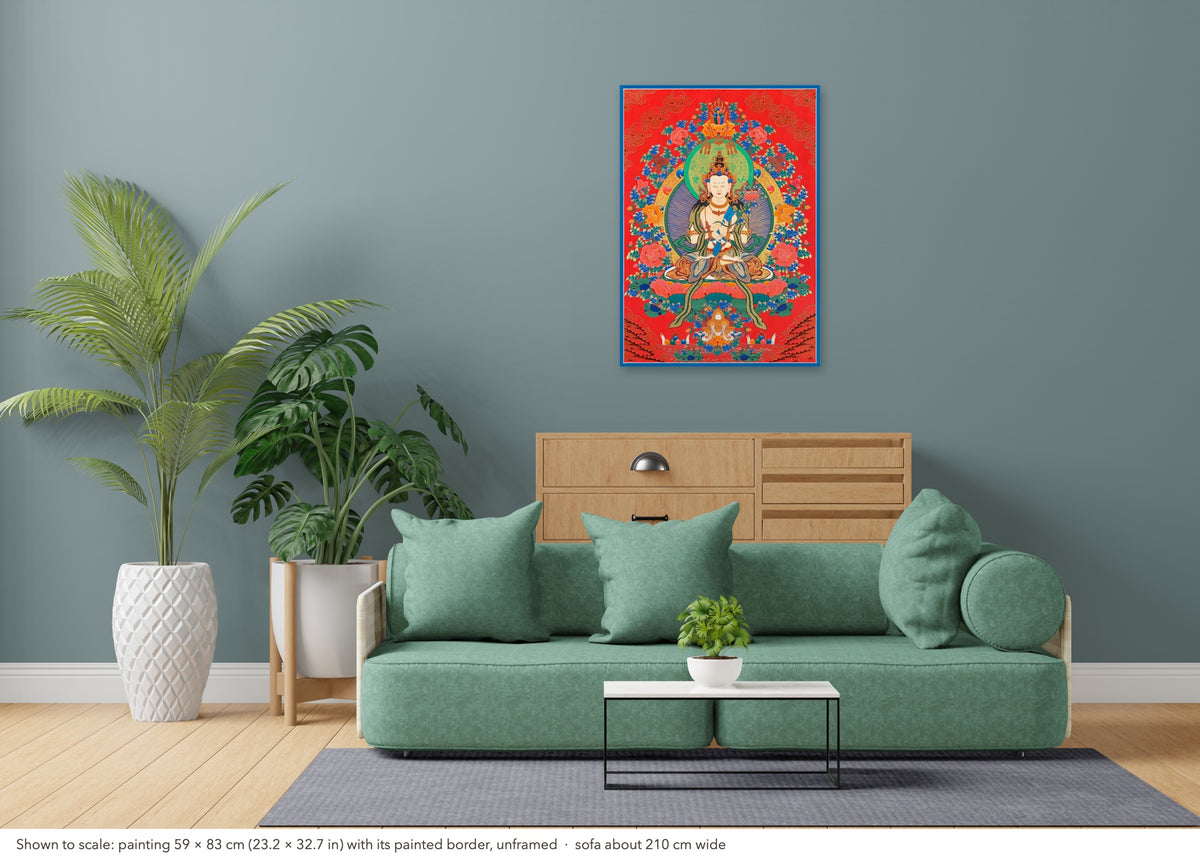 White Manjushri thangka shown to scale in a living room, unframed, above a sofa about 210 cm wide (59×83 cm)