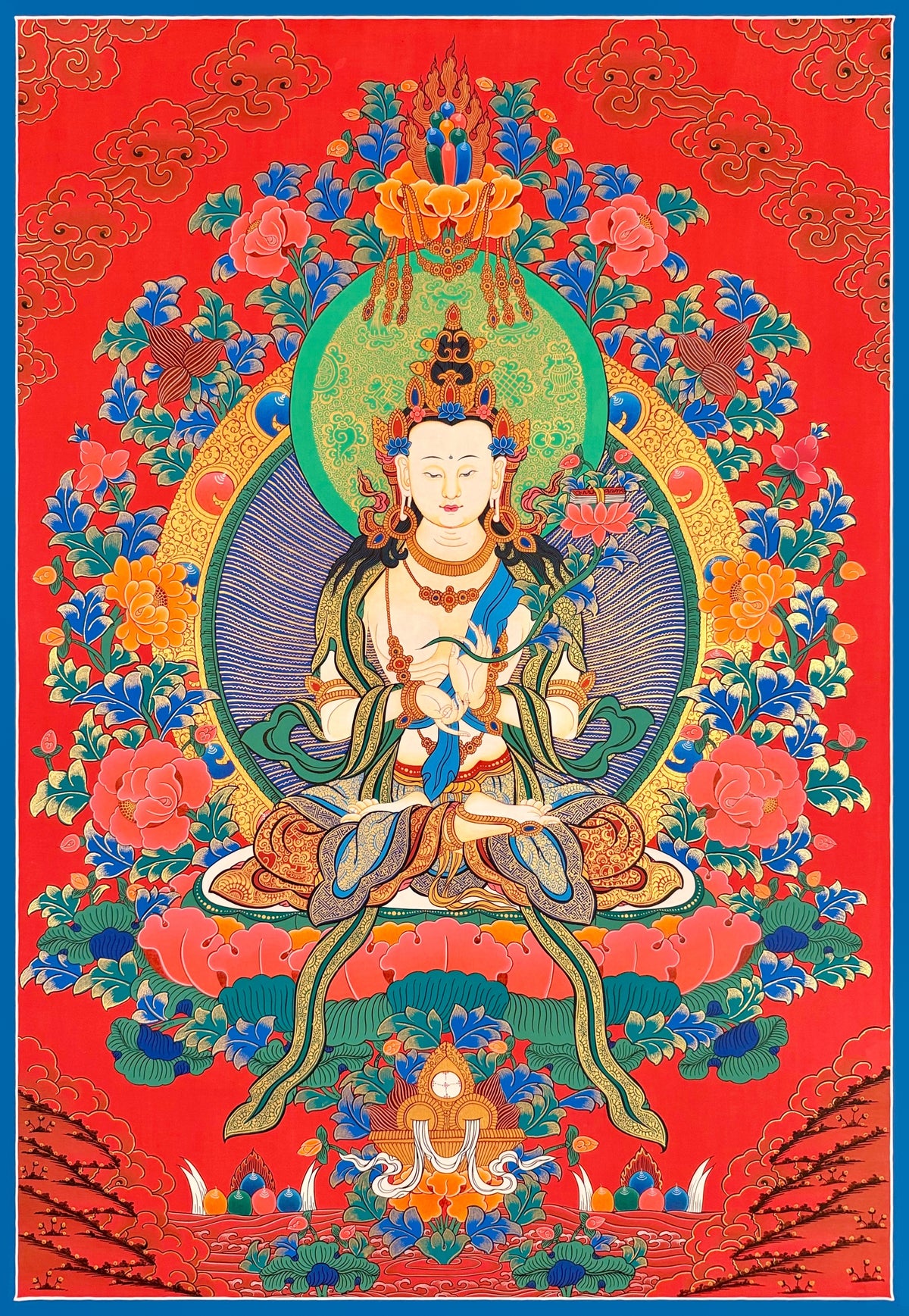 White Manjushri thangka, 59×83 cm: White Manjushri in the teaching gesture with a book on a lotus, among peonies on a red ground
