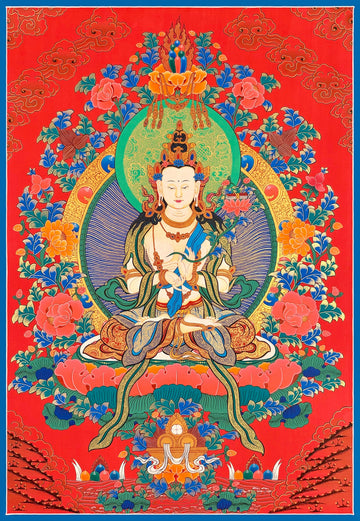 White Manjushri thangka, 59×83 cm: White Manjushri in the teaching gesture with a book on a lotus, among peonies on a red ground