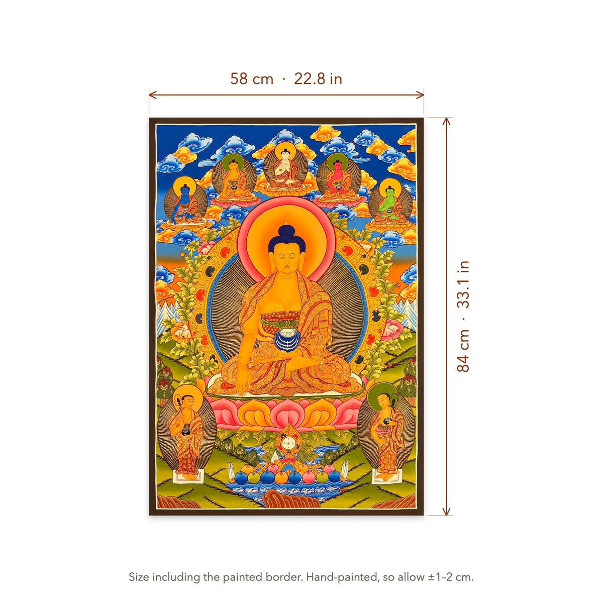 Size diagram: 58 × 84 cm (22.8 × 33.1 in), including the painted border
