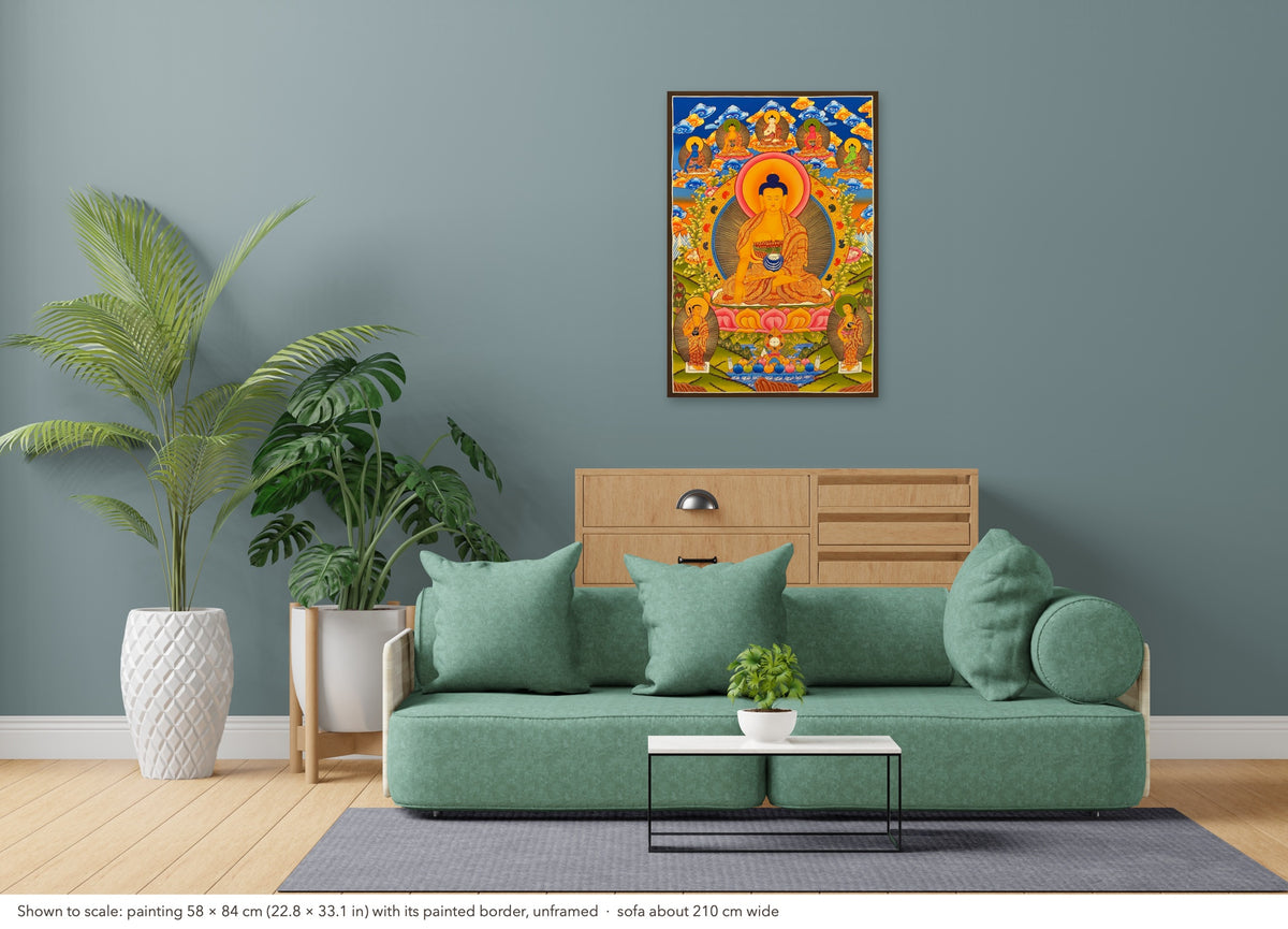 Shakyamuni Buddha thangka shown to scale in a living room, unframed, above a sofa about 210 cm wide (58×84 cm)