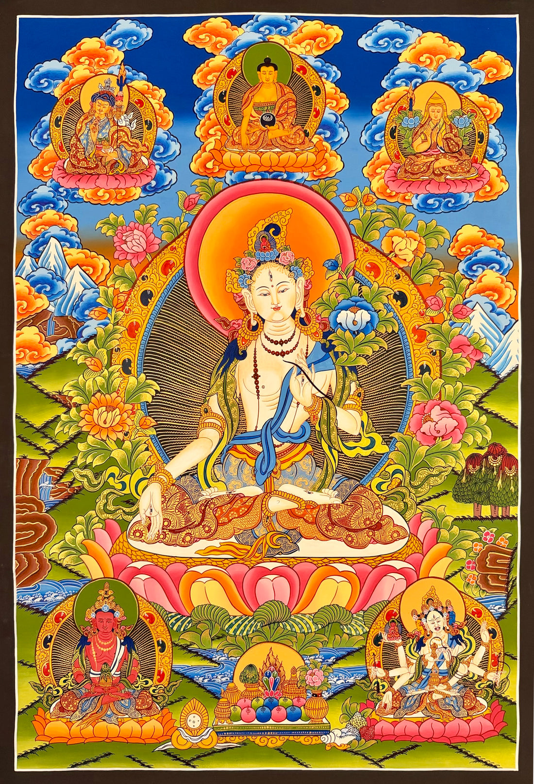 White Tara thangka, 58×84 cm: White Tara with Shakyamuni, Padmasambhava and Tsongkhapa above and Amitayus and Namgyalma below