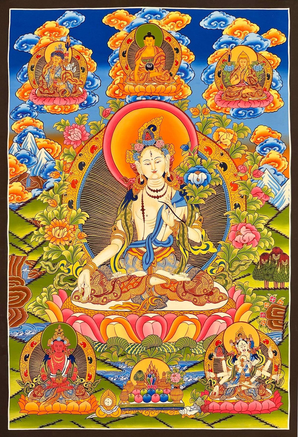 White Tara thangka, 58×84 cm: White Tara with Shakyamuni, Padmasambhava and Tsongkhapa above and Amitayus and Namgyalma below