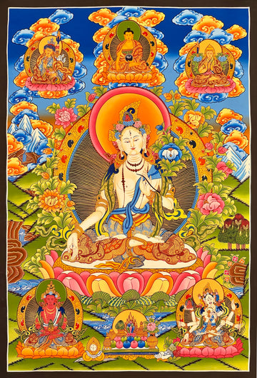White Tara thangka, 58×84 cm: White Tara with Shakyamuni, Padmasambhava and Tsongkhapa above and Amitayus and Namgyalma below