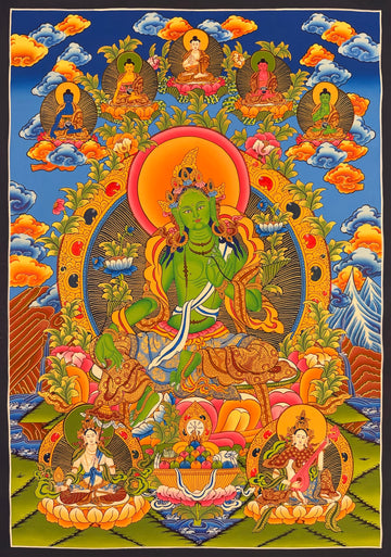 Green Tara thangka, 58×84 cm: Green Tara with the five Buddhas above and Saraswati and a white goddess with a parasol below
