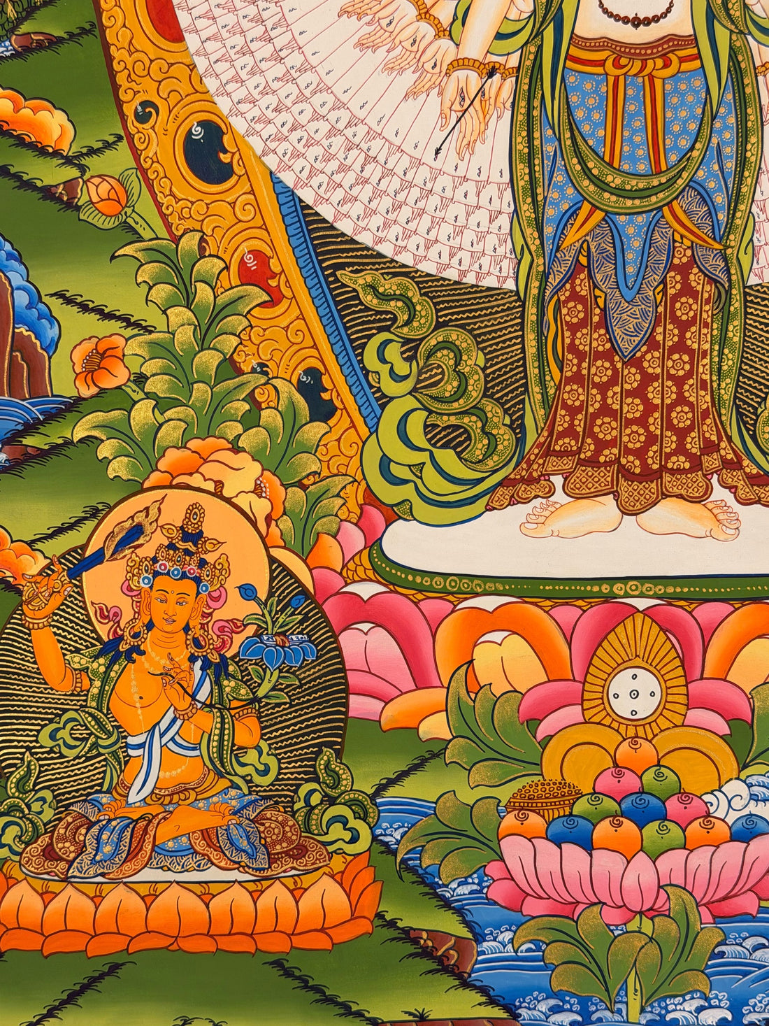 Thousand-armed Chenrezig thangka, 58×84 cm: eleven-headed, thousand-armed Chenrezig with Amitabha, White Tara, Green Tara, Manjushri and Vajrapani