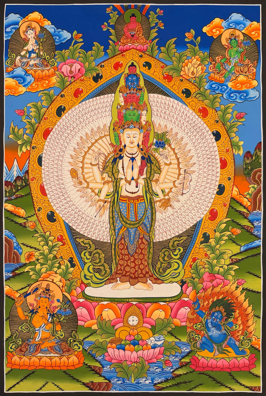 Thousand-armed Chenrezig thangka, 58×84 cm: eleven-headed, thousand-armed Chenrezig with Amitabha, White Tara, Green Tara, Manjushri and Vajrapani