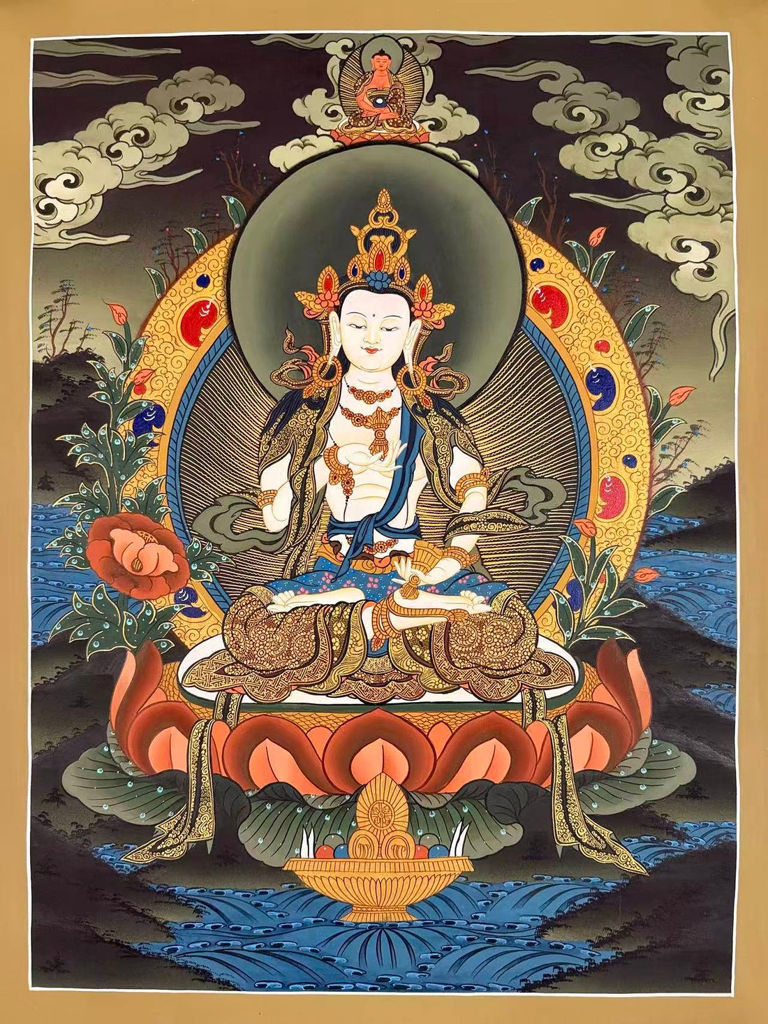 Vajrasattva thangka, 51×68 cm: white Vajrasattva holding a vajra and bell on a coral lotus in a dark, misty landscape, with Amitabha above