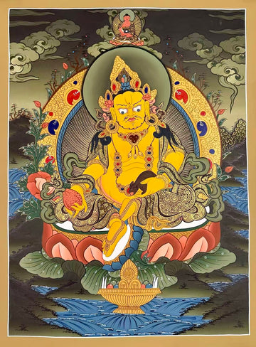 Jambhala thangka, 51×68 cm: Yellow Jambhala on a coral lotus in a dark, misty landscape, with Amitabha above