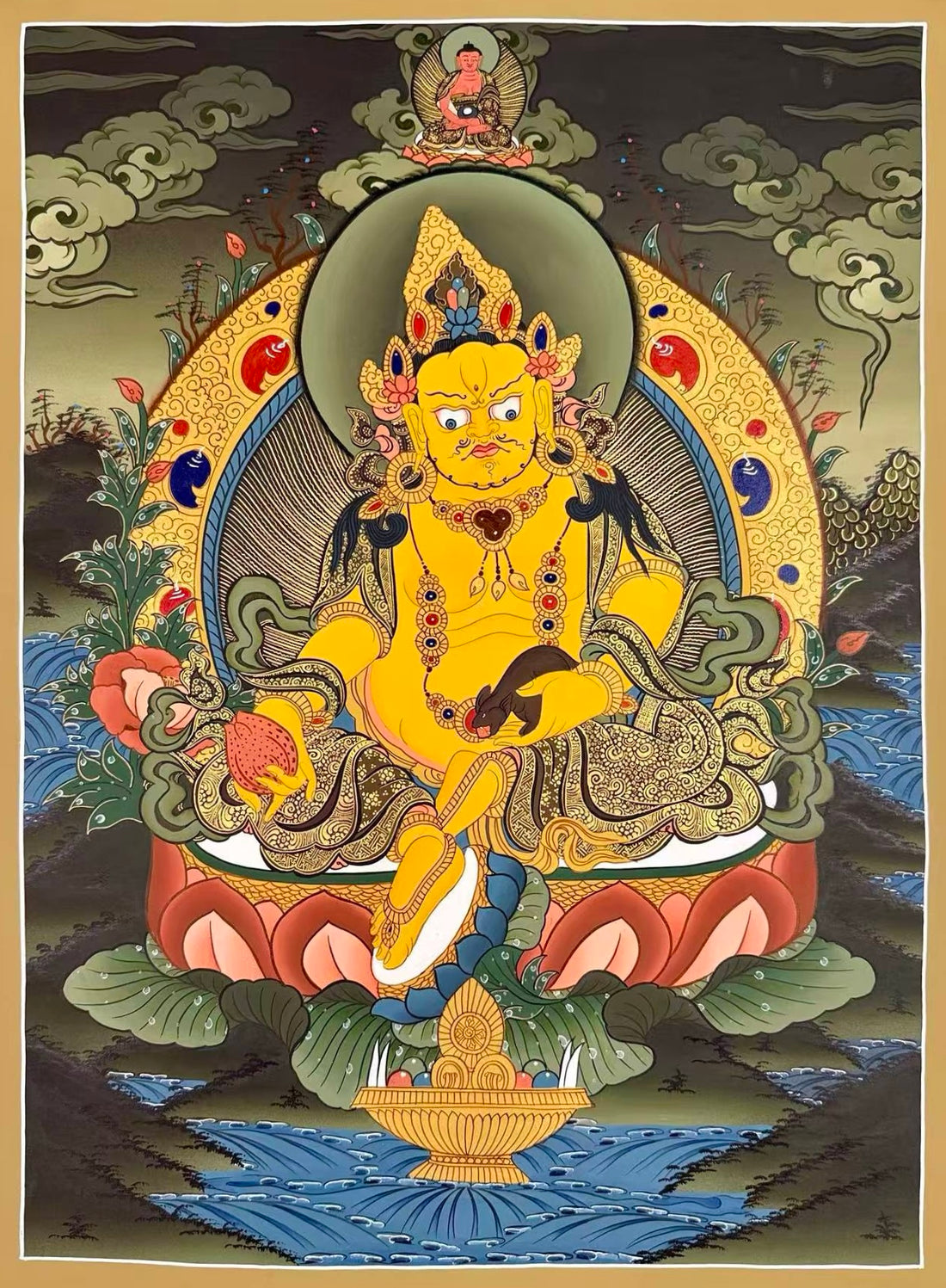 Jambhala thangka, 51×68 cm: Yellow Jambhala on a coral lotus in a dark, misty landscape, with Amitabha above