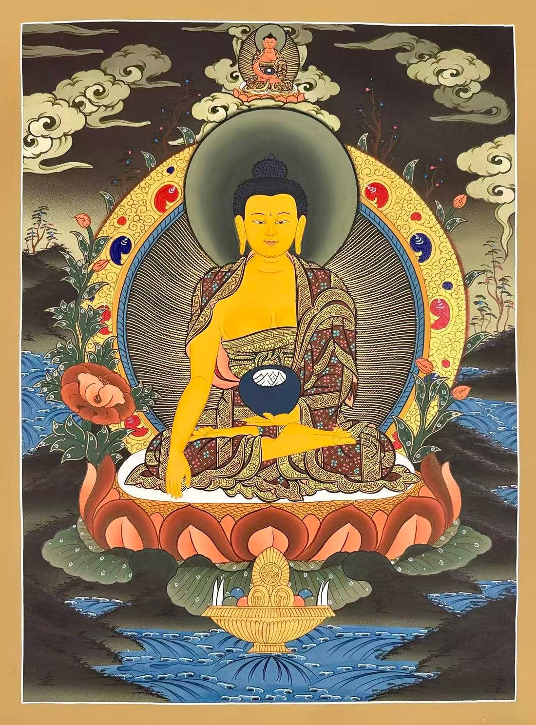 Shakyamuni Buddha thangka, 51×68 cm: Shakyamuni touching the earth on a lotus in a dark landscape, with Amitabha above