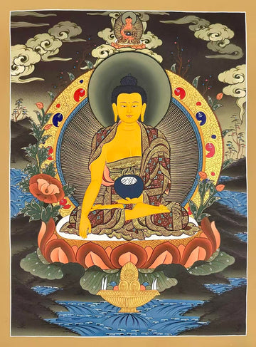 Shakyamuni Buddha thangka, 51×68 cm: Shakyamuni touching the earth on a lotus in a dark landscape, with Amitabha above