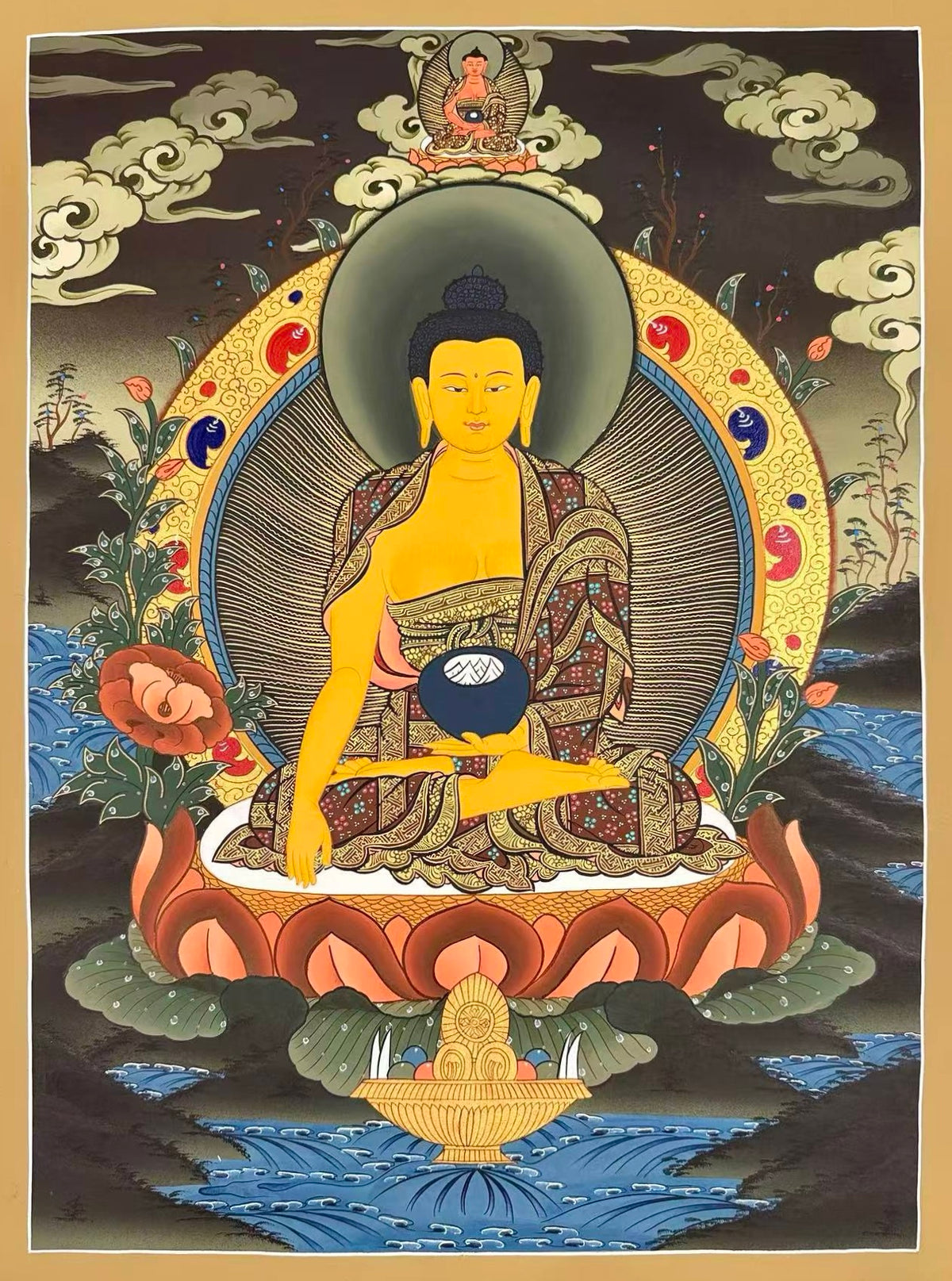 Shakyamuni Buddha thangka, 51×68 cm: Shakyamuni touching the earth on a lotus in a dark landscape, with Amitabha above