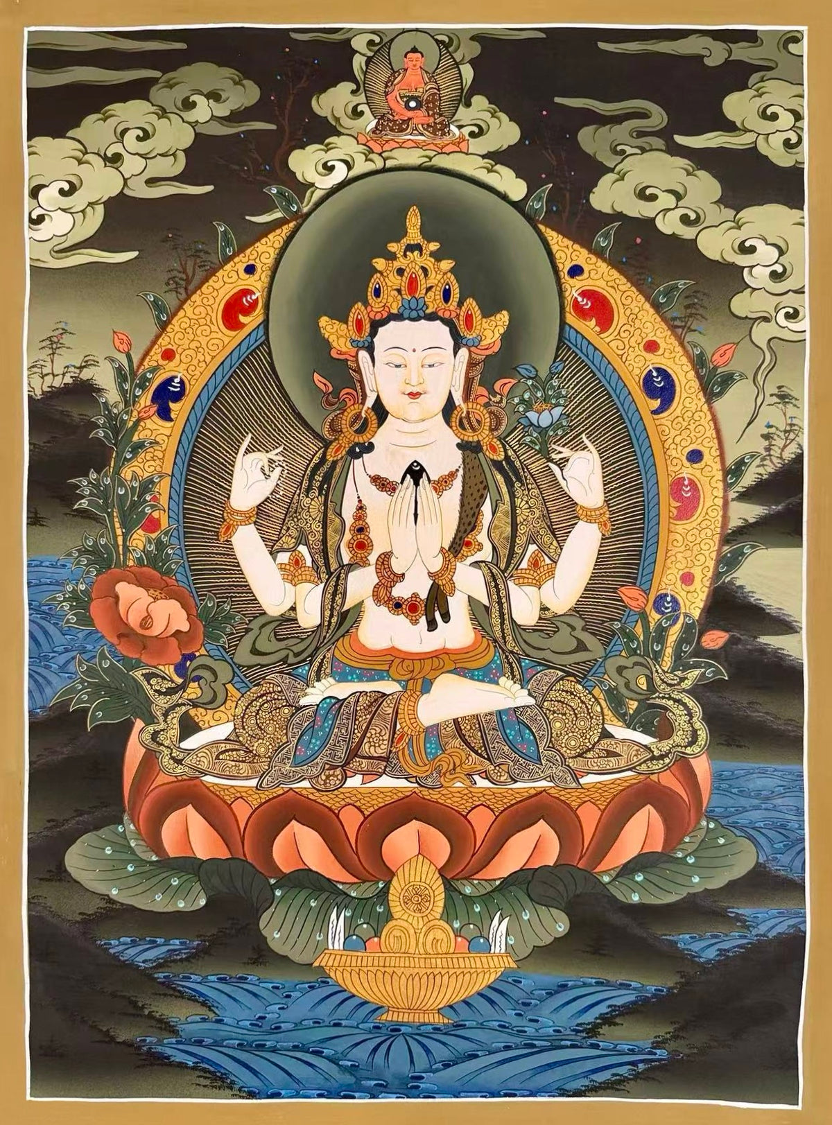 Chenrezig thangka, 51×68 cm: four-armed Chenrezig on a coral lotus in a dark, misty landscape, with Amitabha above