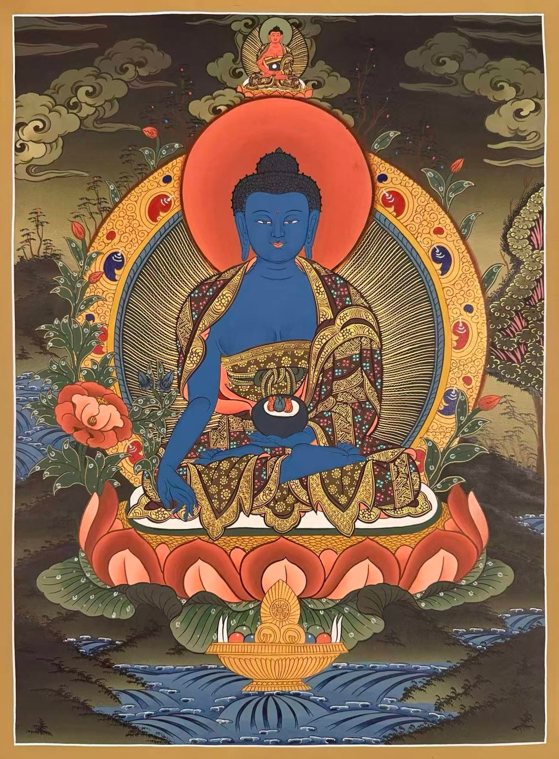 Medicine Buddha thangka, 51×68 cm: blue Medicine Buddha on a coral lotus in a dark, misty landscape, with Amitabha above