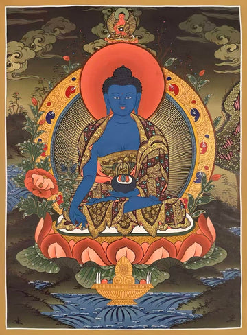 Medicine Buddha thangka, 51×68 cm: blue Medicine Buddha on a coral lotus in a dark, misty landscape, with Amitabha above