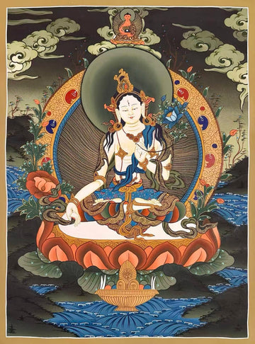 White Tara thangka, 51×68 cm: White Tara on a coral lotus in a dark, misty landscape, with Amitabha above
