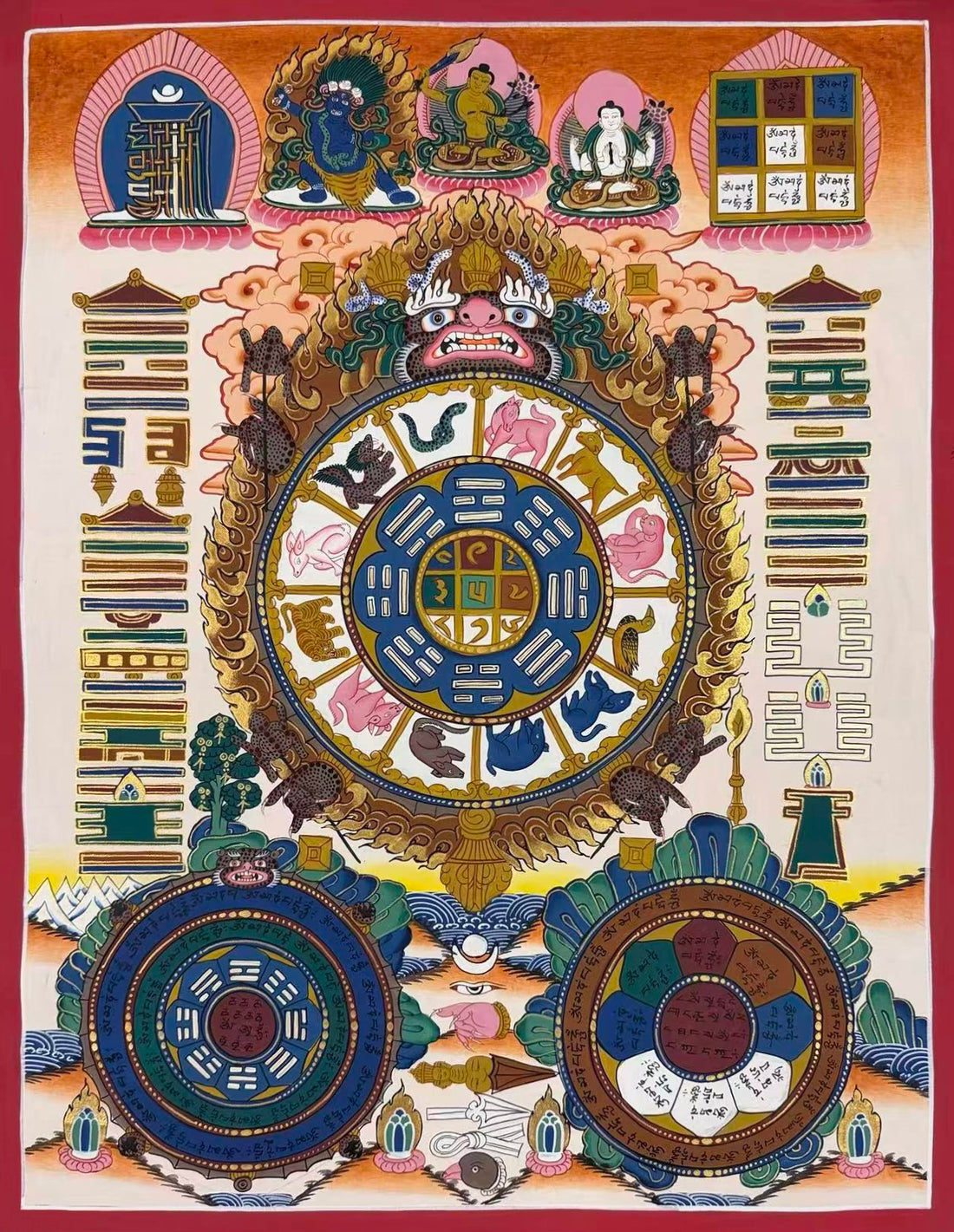 Tibetan Astrology Calendar thangka, 61×65 cm: a Tibetan astrology chart with the zodiac on the back of a golden turtle, with Vajrapani