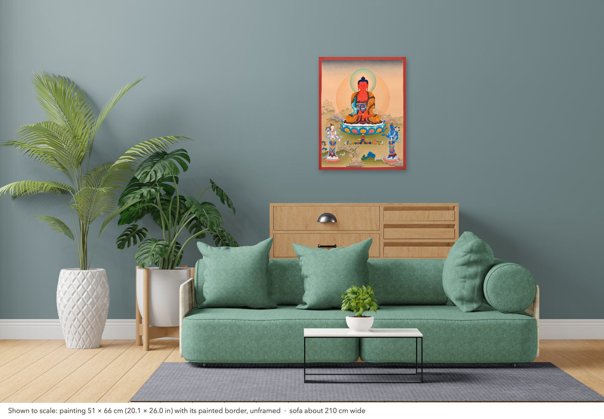 Amitabha Buddha thangka shown to scale in a living room, unframed, above a sofa about 210 cm wide (51×66 cm)