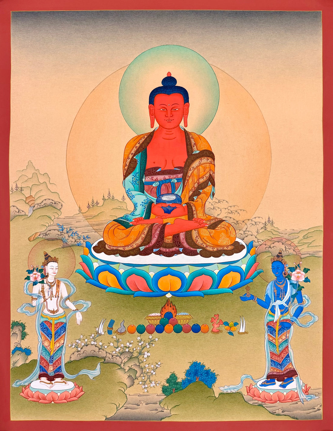 Amitabha Buddha thangka, 51×66 cm: red Amitabha in an open landscape of pale washes, with two standing bodhisattvas